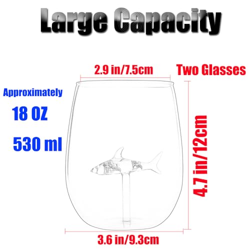 kucehiup Shark Wine Glasses 18oz Transparent Red Wine Glass with Shark Inside 530ml (Two Transparent Shark Cups)