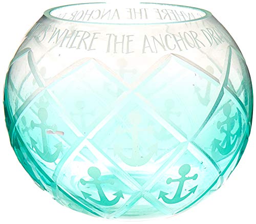 Pavilion - Aqua Ombre Diamond Cut Anchor Pattern Beach House 5 Inch Round Tealight Candle Holder - Home Is Where The Anchor Drops