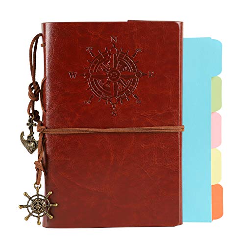 ORENDEBON Leather Travel Journal, Refillable Notebook Vintage Spiral Bound Notepad Diary to Write in for Men with Lined Pages 3 Pockets and 5 Dividers A6-(5” x7.3”, Lake Blue)