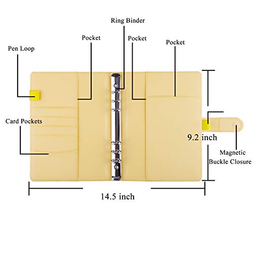 Antner A5 PU Leather Binder 6-Ring Notebook Binder Cover for A5 Filler Paper, Refillable A5 Personal Planner Budget Binder with Magnetic Buckle Closure, Yellow