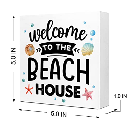 Summer Desk Decor,Welcome to The Beach House Beach Wooden Plaque Sign Desk Decor,Rustic Beach Theme Wood Block Sign Desk Decorations for Coastal Beach House Home Shelf Table Decor