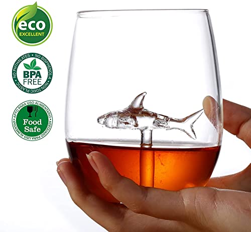 PolSurdy Stemless Wine Glasses with Shark Inside, Shark Wine Glass Set of 2 for Shark Lover Gifts,Goblet Wine Cocktail Juice Glass for Housewarming, Wedding, Kitchen Bar Celebration (18OZ,2Pcs)…
