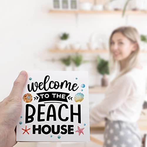 Summer Desk Decor,Welcome to The Beach House Beach Wooden Plaque Sign Desk Decor,Rustic Beach Theme Wood Block Sign Desk Decorations for Coastal Beach House Home Shelf Table Decor