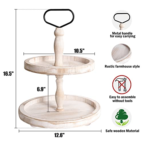 Mustry Rustic Wooden 2 Tiered Tray, Round Farmhouse Kitchen Table Decor Serving Tier Tray, Food Fruits Cupcake Display Coffee Bar Home Party Seasonal Decorations (White)