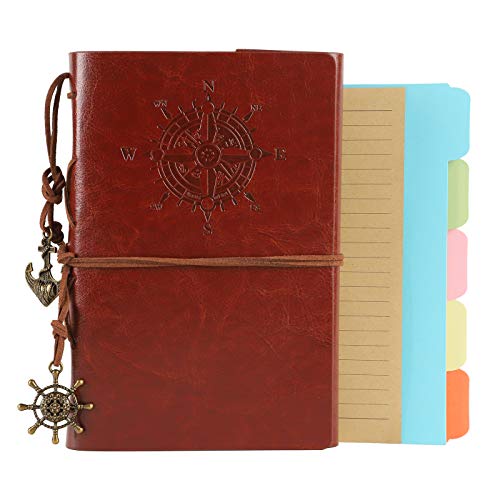 ORENDEBON Leather Travel Journal, Refillable Notebook Vintage Spiral Bound Notepad Diary to Write in for Men with Lined Pages 3 Pockets and 5 Dividers A6-(5” x7.3”, Lake Blue)