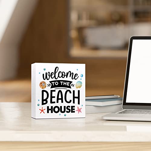 Summer Desk Decor,Welcome to The Beach House Beach Wooden Plaque Sign Desk Decor,Rustic Beach Theme Wood Block Sign Desk Decorations for Coastal Beach House Home Shelf Table Decor