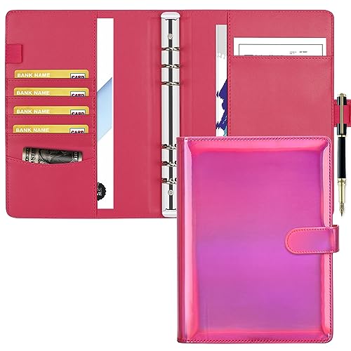 Toplive A5 Binder 6 Round Ring Binder Leather Budget Planner Notebook Cover for A5 Filler Paper Laser Pink with Magnetic Buckle Closure
