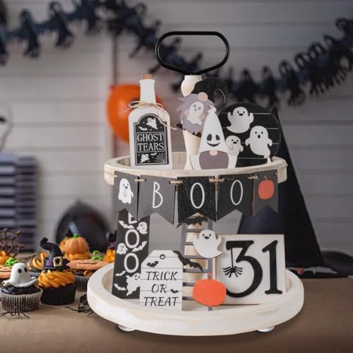 Mustry Rustic Wooden 2 Tiered Tray, Round Farmhouse Kitchen Table Decor Serving Tier Tray, Food Fruits Cupcake Display Coffee Bar Home Party Seasonal Decorations (White)