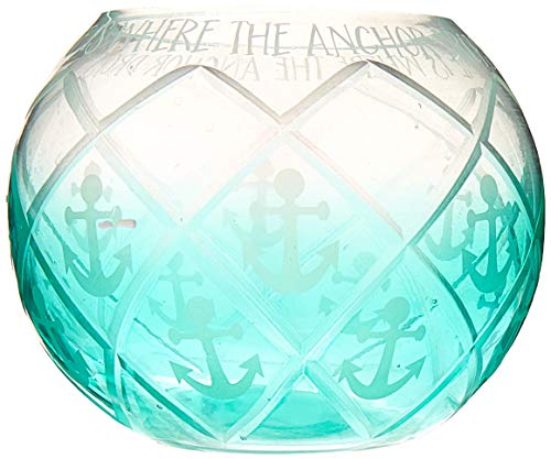 Pavilion - Aqua Ombre Diamond Cut Anchor Pattern Beach House 5 Inch Round Tealight Candle Holder - Home Is Where The Anchor Drops