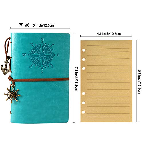 ORENDEBON Leather Travel Journal, Refillable Notebook Vintage Spiral Bound Notepad Diary to Write in for Men with Lined Pages 3 Pockets and 5 Dividers A6-(5” x7.3”, Lake Blue)