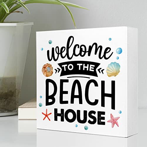 Summer Desk Decor,Welcome to The Beach House Beach Wooden Plaque Sign Desk Decor,Rustic Beach Theme Wood Block Sign Desk Decorations for Coastal Beach House Home Shelf Table Decor