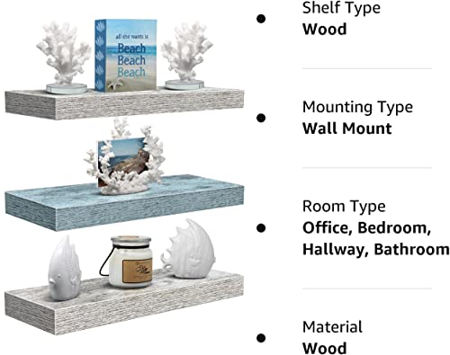 Sorbus Floating Shelves for Wall - 3 Pack Coastal Beach Wall Decor for Bedroom, Bathroom, Living Room, Office, Home & Kitchen - Blue/White Rustic Wood Hanging Wall Shelf for Books, Frames, Trophy
