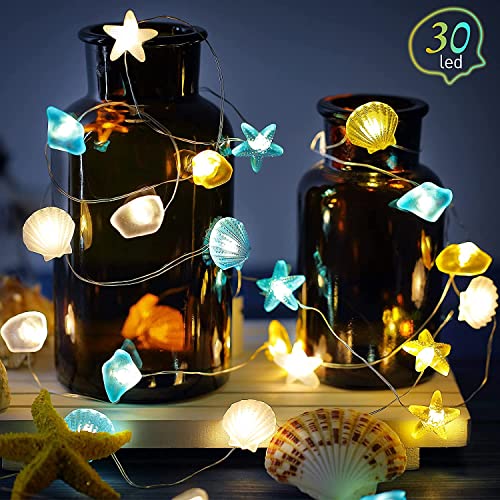 Hiboom Ocean Themed Beach Seashell Fairy String Lights, Wall Nautical Decorative LED Lights, 10 Feet 30 LEDs Shell Starfish Shape USB with Remote Timer for Fish Net Summer Coast Room Party Decor