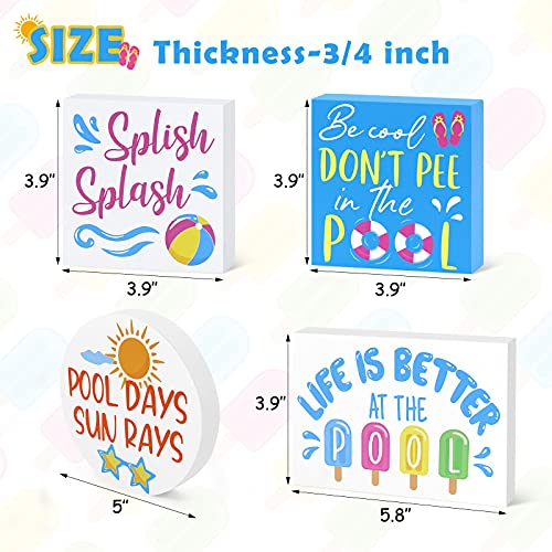 Summer Pool Tiered Tray Decor Beach Ball Mini Wooden Signs Farmhouse Inspired Decorations for Summer Home Kitchen Shelf Coffee Table Set of 4