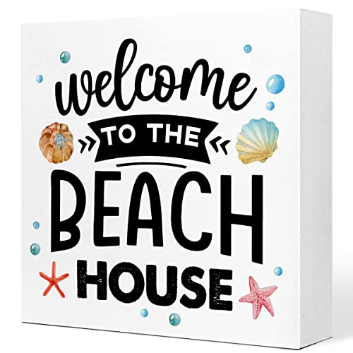 Summer Desk Decor,Welcome to The Beach House Beach Wooden Plaque Sign Desk Decor,Rustic Beach Theme Wood Block Sign Desk Decorations for Coastal Beach House Home Shelf Table Decor