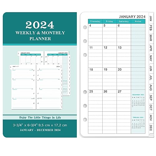 2024 Planner Refills - Planner Refills 2024, Jan 2024 - Dec 2024, A6 Planner Inserts 2024, 3.75" x 6.75", 2024 Weekly and Monthly Planner Refills, A6 Planner Refills, 6-Hole Punched - Green