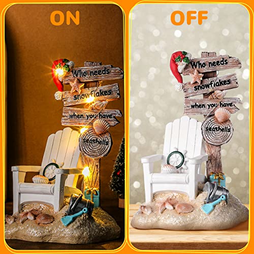 Lighted Christmas Beach Santa Decorations LED Dreams Santa Claus by The Sea Seaside Christmas Tabletop Figurines Collectibles Resin Table Statues Centerpiece Xmas Gift Party Home Decor (Chair)