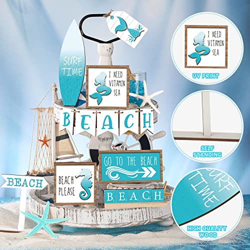 14 Pcs Summer Tiered Tray Decor Sets Farmhouse Summer Wooden Sign Wood Beach Home Decor Rustic Beach Tiered Tray Decorations for Home Table Shelf Kitchen Party Holiday