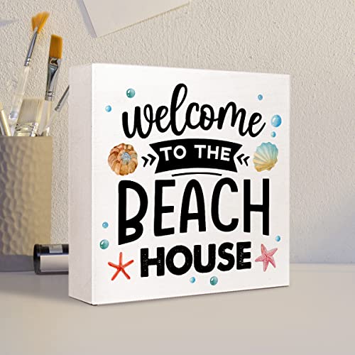 Summer Desk Decor,Welcome to The Beach House Beach Wooden Plaque Sign Desk Decor,Rustic Beach Theme Wood Block Sign Desk Decorations for Coastal Beach House Home Shelf Table Decor