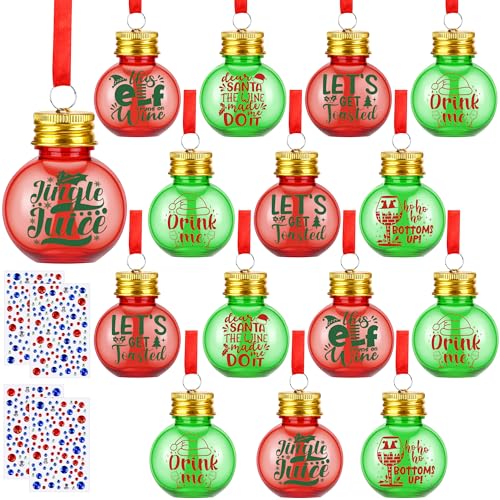 Aodaer 48 Pack Christmas Booze Balls Fillable Christmas Drink Balls with Sticker Clear Round Christmas Tree Ornaments Ball Water Bottle Bulbs Juice Bottle for Xmas Holiday Party DIY Crafts, Red, Green