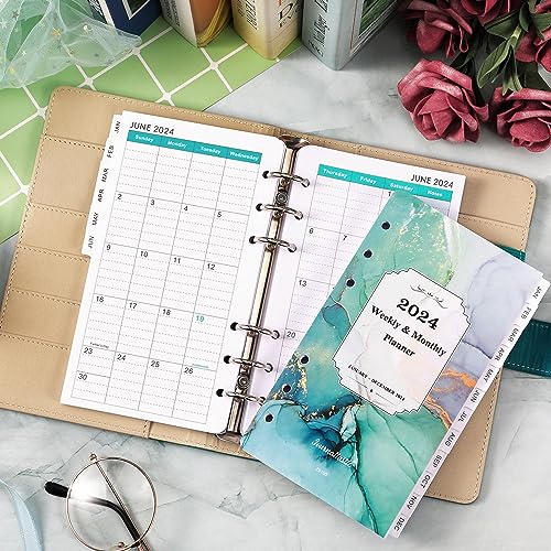 2024 Planner Refills - Planner Refills 2024, Jan 2024 - Dec 2024, A6 Planner Inserts 2024, 3.75" x 6.75", 2024 Weekly and Monthly Planner Refills, A6 Planner Refills, 6-Hole Punched - Green