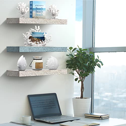 Sorbus Floating Shelves for Wall - 3 Pack Coastal Beach Wall Decor for Bedroom, Bathroom, Living Room, Office, Home & Kitchen - Blue/White Rustic Wood Hanging Wall Shelf for Books, Frames, Trophy