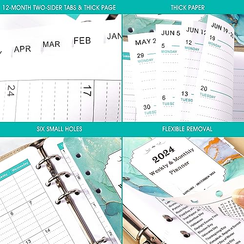 2024 Planner Refills - Planner Refills 2024, Jan 2024 - Dec 2024, A6 Planner Inserts 2024, 3.75" x 6.75", 2024 Weekly and Monthly Planner Refills, A6 Planner Refills, 6-Hole Punched - Green