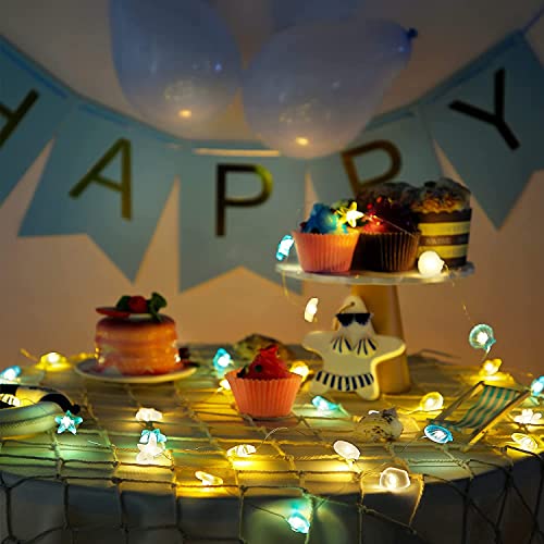 Hiboom Ocean Themed Beach Seashell Fairy String Lights, Wall Nautical Decorative LED Lights, 10 Feet 30 LEDs Shell Starfish Shape USB with Remote Timer for Fish Net Summer Coast Room Party Decor