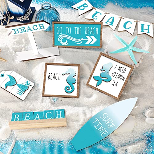 14 Pcs Summer Tiered Tray Decor Sets Farmhouse Summer Wooden Sign Wood Beach Home Decor Rustic Beach Tiered Tray Decorations for Home Table Shelf Kitchen Party Holiday