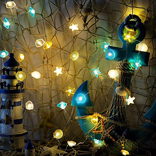 Hiboom Ocean Themed Beach Seashell Fairy String Lights, Wall Nautical Decorative LED Lights, 10 Feet 30 LEDs Shell Starfish Shape USB with Remote Timer for Fish Net Summer Coast Room Party Decor
