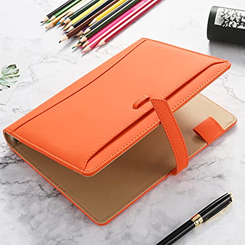 A5 Binder Journal Notebook, Refillable 6 Ring Faux Leather Personal Planner Organizer for 6 Hole A5 Filler Paper, Orange
