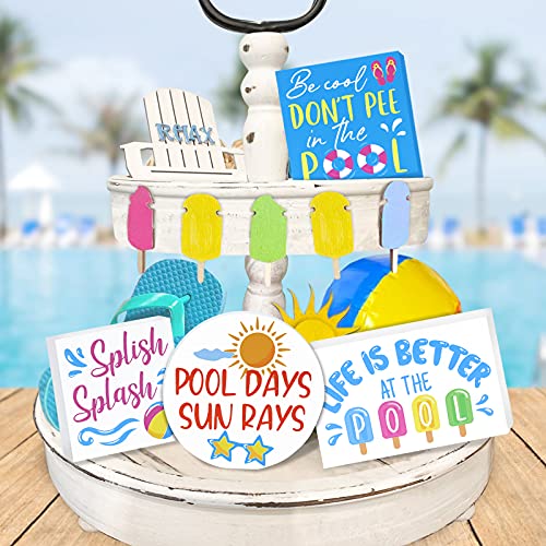 Summer Pool Tiered Tray Decor Beach Ball Mini Wooden Signs Farmhouse Inspired Decorations for Summer Home Kitchen Shelf Coffee Table Set of 4