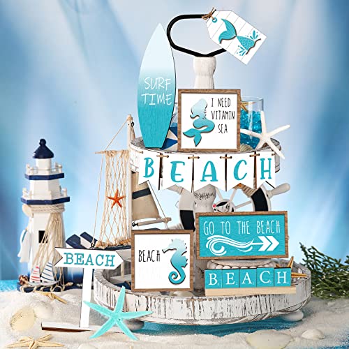 14 Pcs Summer Tiered Tray Decor Sets Farmhouse Summer Wooden Sign Wood Beach Home Decor Rustic Beach Tiered Tray Decorations for Home Table Shelf Kitchen Party Holiday