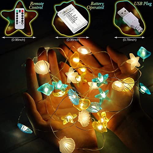 Hiboom Ocean Themed Beach Seashell Fairy String Lights, Wall Nautical Decorative LED Lights, 10 Feet 30 LEDs Shell Starfish Shape USB with Remote Timer for Fish Net Summer Coast Room Party Decor