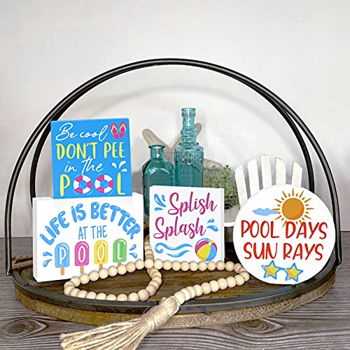 Summer Pool Tiered Tray Decor Beach Ball Mini Wooden Signs Farmhouse Inspired Decorations for Summer Home Kitchen Shelf Coffee Table Set of 4