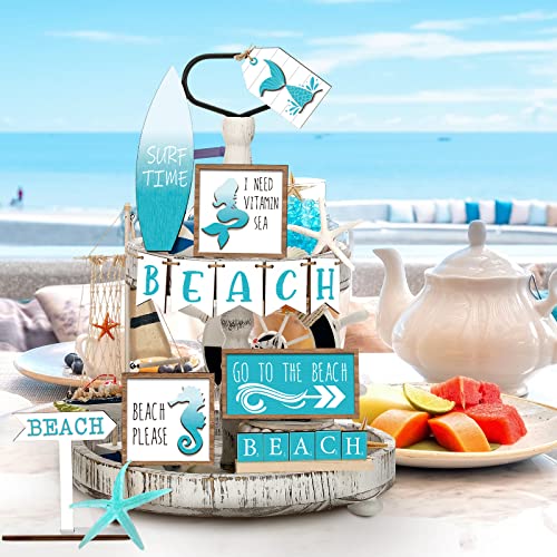 14 Pcs Summer Tiered Tray Decor Sets Farmhouse Summer Wooden Sign Wood Beach Home Decor Rustic Beach Tiered Tray Decorations for Home Table Shelf Kitchen Party Holiday