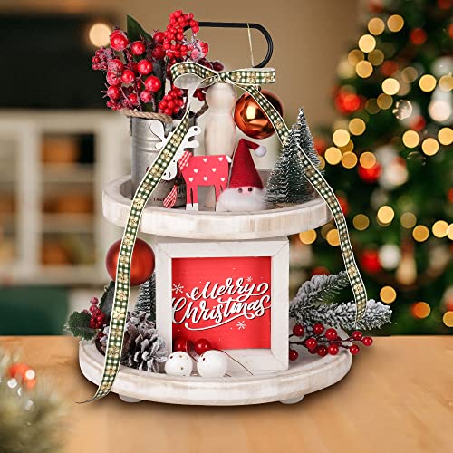 Mustry Rustic Wooden 2 Tiered Tray, Round Farmhouse Kitchen Table Decor Serving Tier Tray, Food Fruits Cupcake Display Coffee Bar Home Party Seasonal Decorations (White)