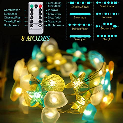 Hiboom Ocean Themed Beach Seashell Fairy String Lights, Wall Nautical Decorative LED Lights, 10 Feet 30 LEDs Shell Starfish Shape USB with Remote Timer for Fish Net Summer Coast Room Party Decor
