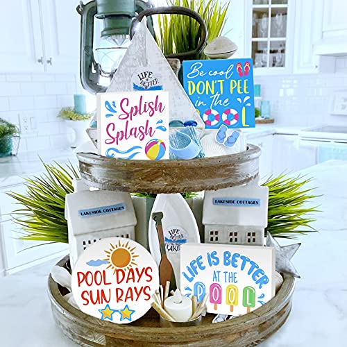 Summer Pool Tiered Tray Decor Beach Ball Mini Wooden Signs Farmhouse Inspired Decorations for Summer Home Kitchen Shelf Coffee Table Set of 4