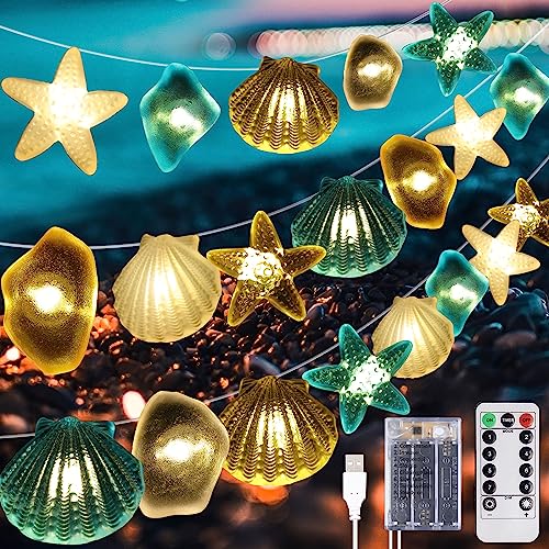 Hiboom Ocean Themed Beach Seashell Fairy String Lights, Wall Nautical Decorative LED Lights, 10 Feet 30 LEDs Shell Starfish Shape USB with Remote Timer for Fish Net Summer Coast Room Party Decor