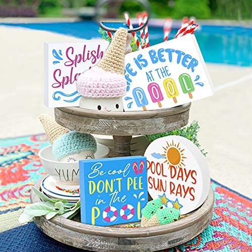 Summer Pool Tiered Tray Decor Beach Ball Mini Wooden Signs Farmhouse Inspired Decorations for Summer Home Kitchen Shelf Coffee Table Set of 4