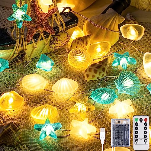 Hiboom Ocean Themed Beach Seashell Fairy String Lights, Wall Nautical Decorative LED Lights, 10 Feet 30 LEDs Shell Starfish Shape USB with Remote Timer for Fish Net Summer Coast Room Party Decor