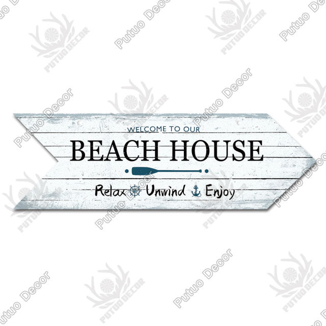 Putuo Decor Beach Arrow Wooden Wall Plaque Sign Beach Seaside Road Guide Wall Decoration Indicator Hanging Beach House Deocr