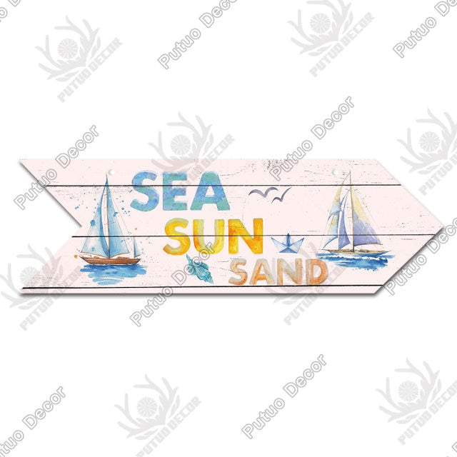 Putuo Decor Beach Arrow Wooden Wall Plaque Sign Beach Seaside Road Guide Wall Decoration Indicator Hanging Beach House Deocr