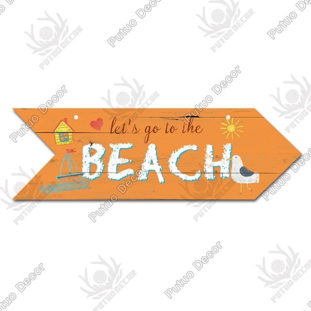 Putuo Decor Beach Arrow Wooden Wall Plaque Sign Beach Seaside Road Guide Wall Decoration Indicator Hanging Beach House Deocr