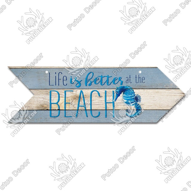 Putuo Decor Beach Arrow Wooden Wall Plaque Sign Beach Seaside Road Guide Wall Decoration Indicator Hanging Beach House Deocr