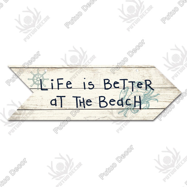 Putuo Decor Beach Arrow Wooden Wall Plaque Sign Beach Seaside Road Guide Wall Decoration Indicator Hanging Beach House Deocr