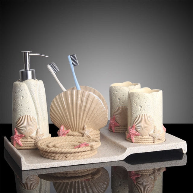 Creative Beach Shell Bathroom Set Resin Toothbrush Cups Tooth Brush Holder Soap Dish Soap Dispenser Bathroom Accessories Kit