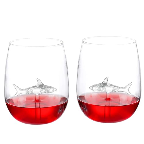 kucehiup Shark Wine Glasses 18oz Transparent Red Wine Glass with Shark Inside 530ml (Two Transparent Shark Cups)