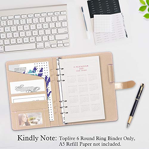 Toplive A5 Binder 6 Round Ring Binder Leather Budget Planner Notebook Cover for A5 Filler Paper Laser Pink with Magnetic Buckle Closure